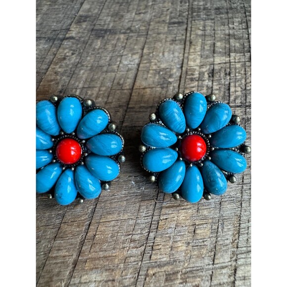 Vintage Turquoise & Red Flower Clip-On Earrings Boho Southwestern Style - Picture 2 of 5
